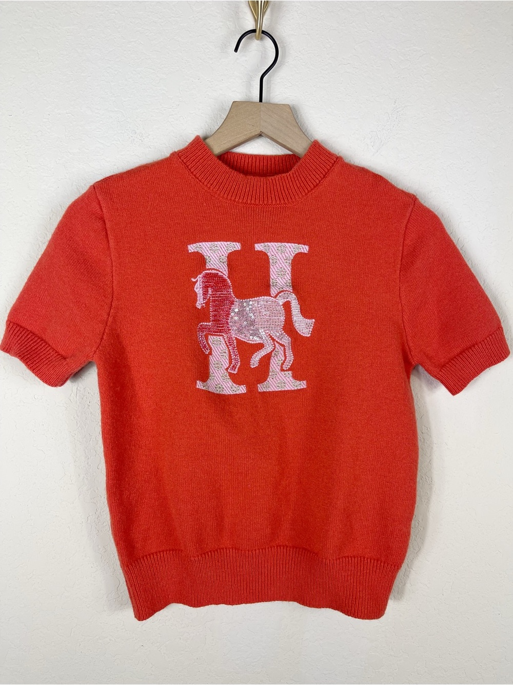 Hermès H Equestrian Horse Sequin Short Sleeve Sweater Orange Size FR 34-36